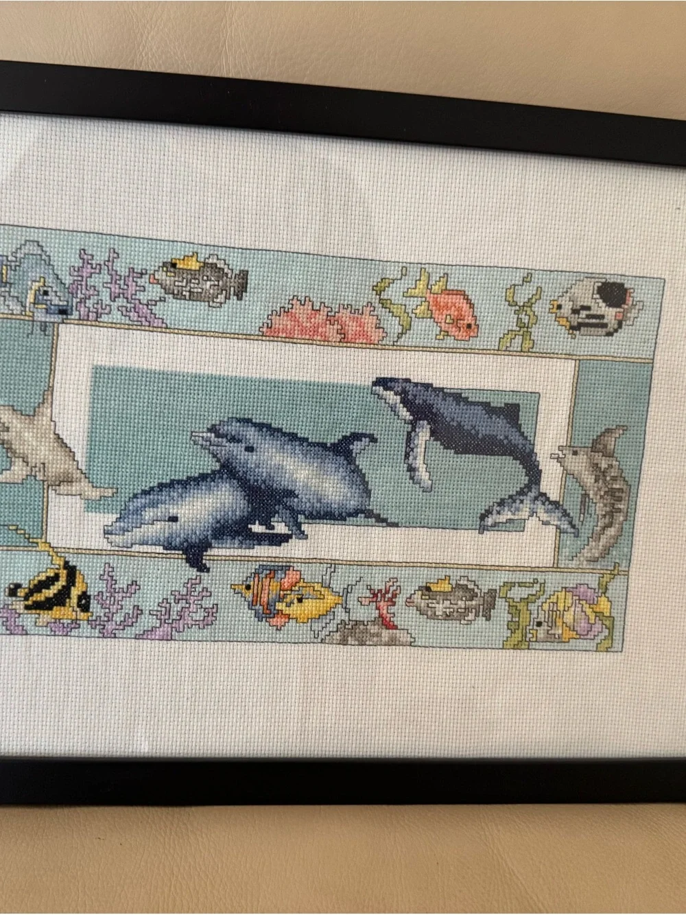 Framed Marine Life Cross Stitch Wall Art in Blue and White